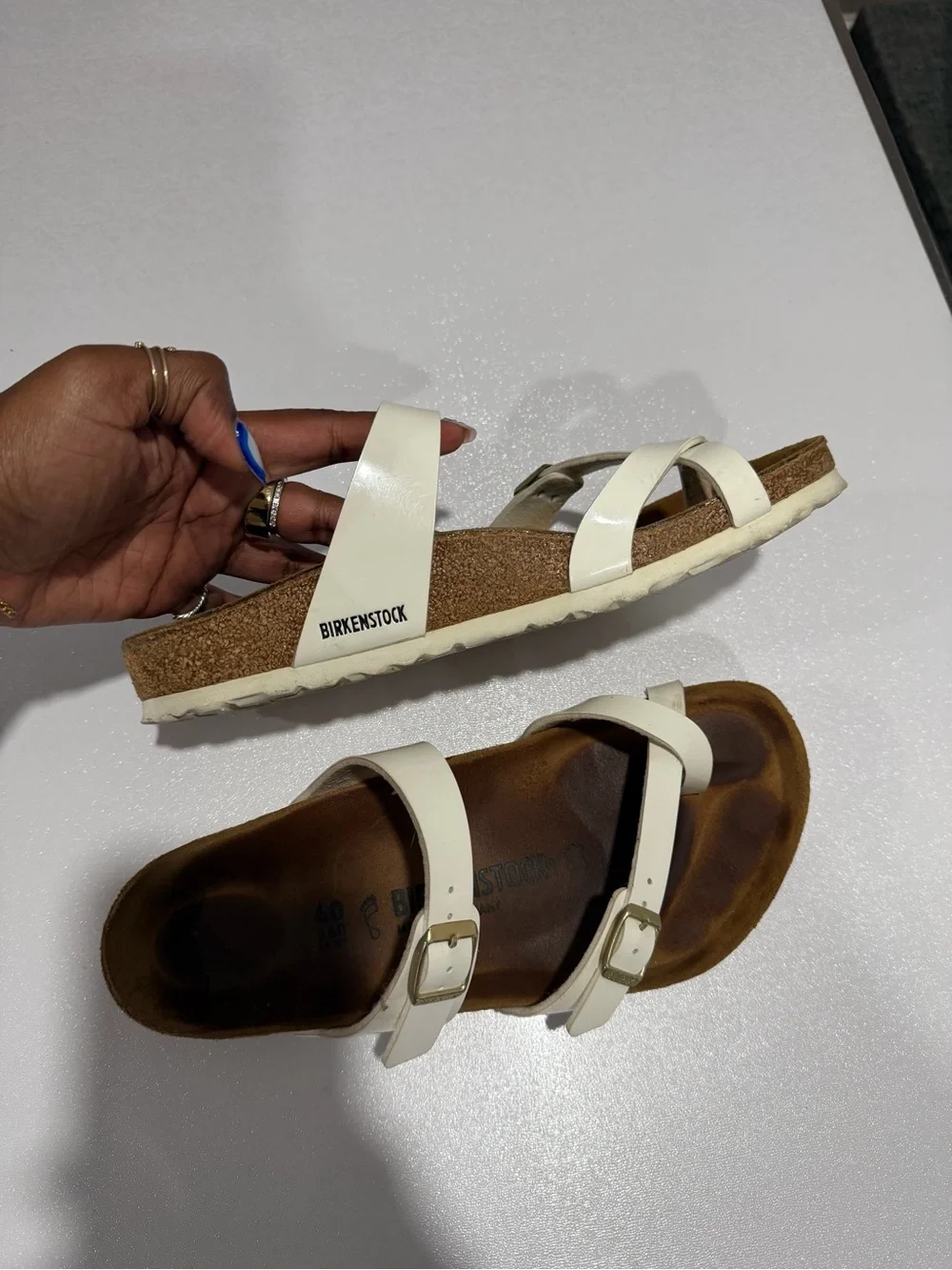 Birkenstock Mayari Sandals — White Patent, Size 40